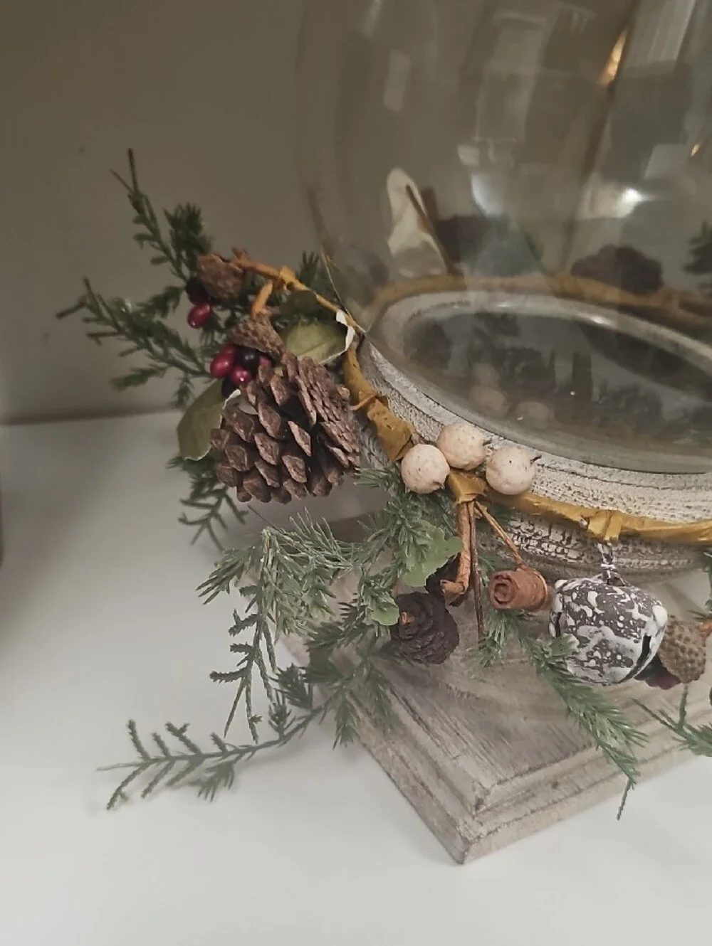 Huge Rustic Glass Hurricane Lantern with Pine & Pinecone Wreath 14